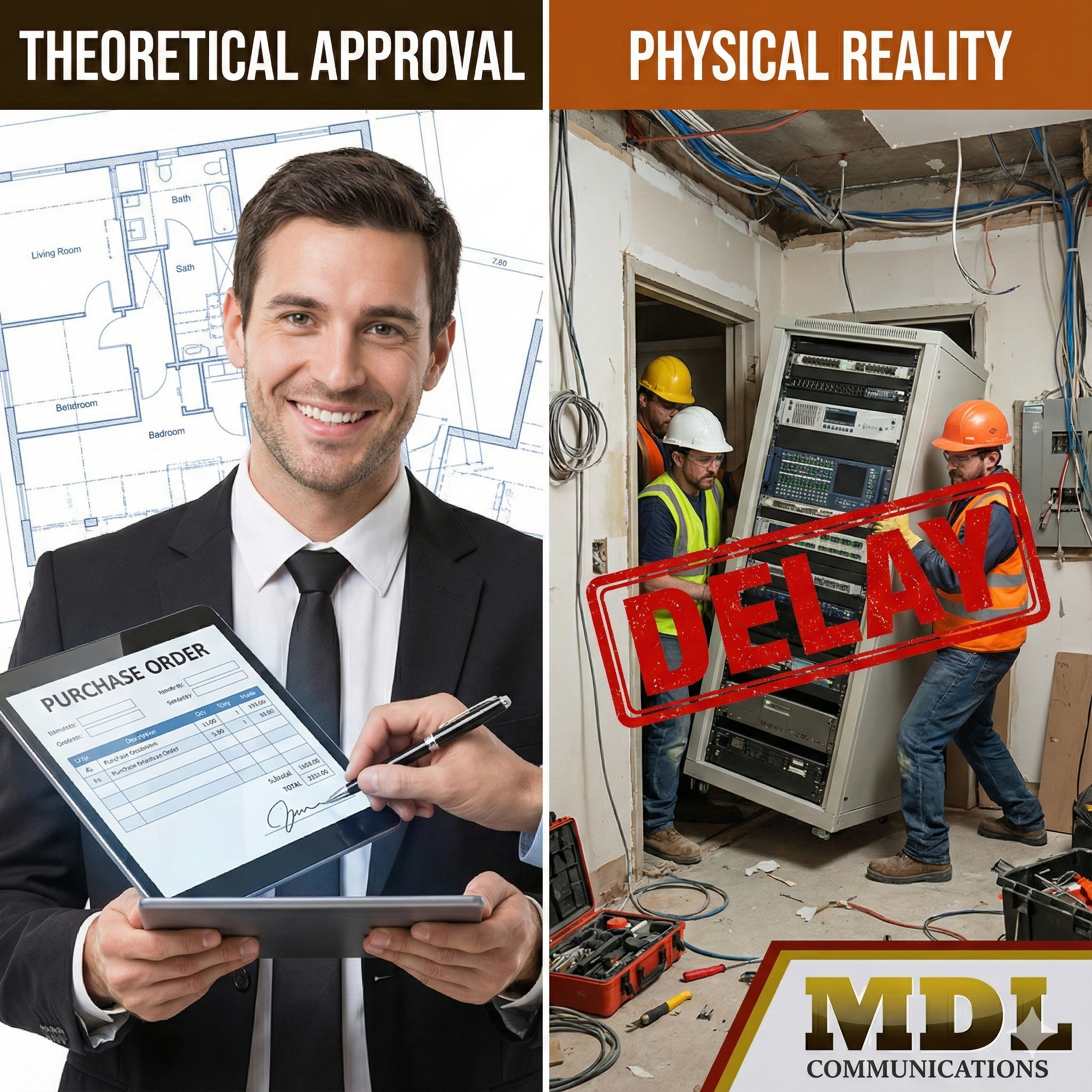 Split screen comparison showing a theoretical purchase order approval versus the physical reality of moving large broadcast equipment through a narrow doorway.